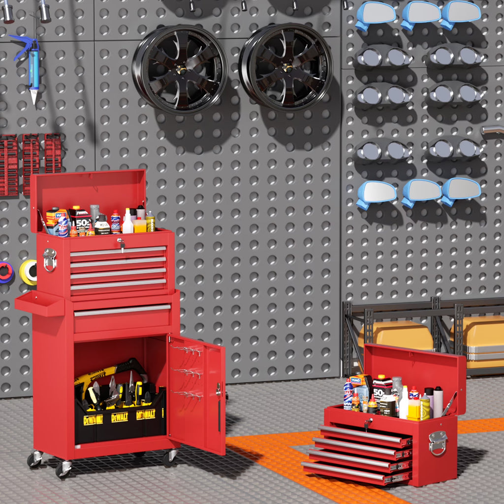 5-Drawer Rolling Tool Chest, Storage Cabinet with Detachable Top Tool Box, Tool Chest with Universal Lockable Wheels, Metal Tool Cart For, Workshop, Barbershop（Red）