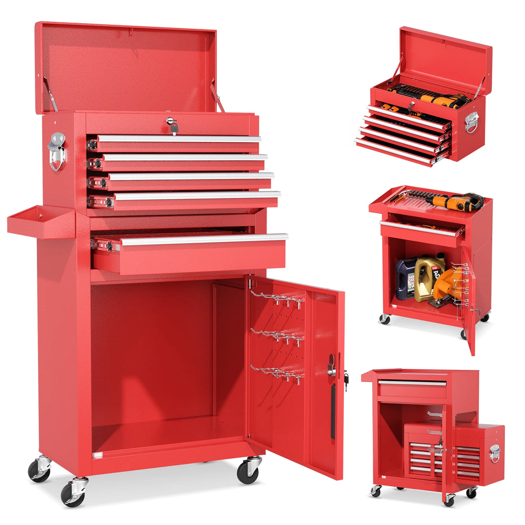5-Drawer Rolling Tool Chest, Storage Cabinet with Detachable Top Tool Box, Tool Chest with Universal Lockable Wheels, Metal Tool Cart For, Workshop, Barbershop（Red）