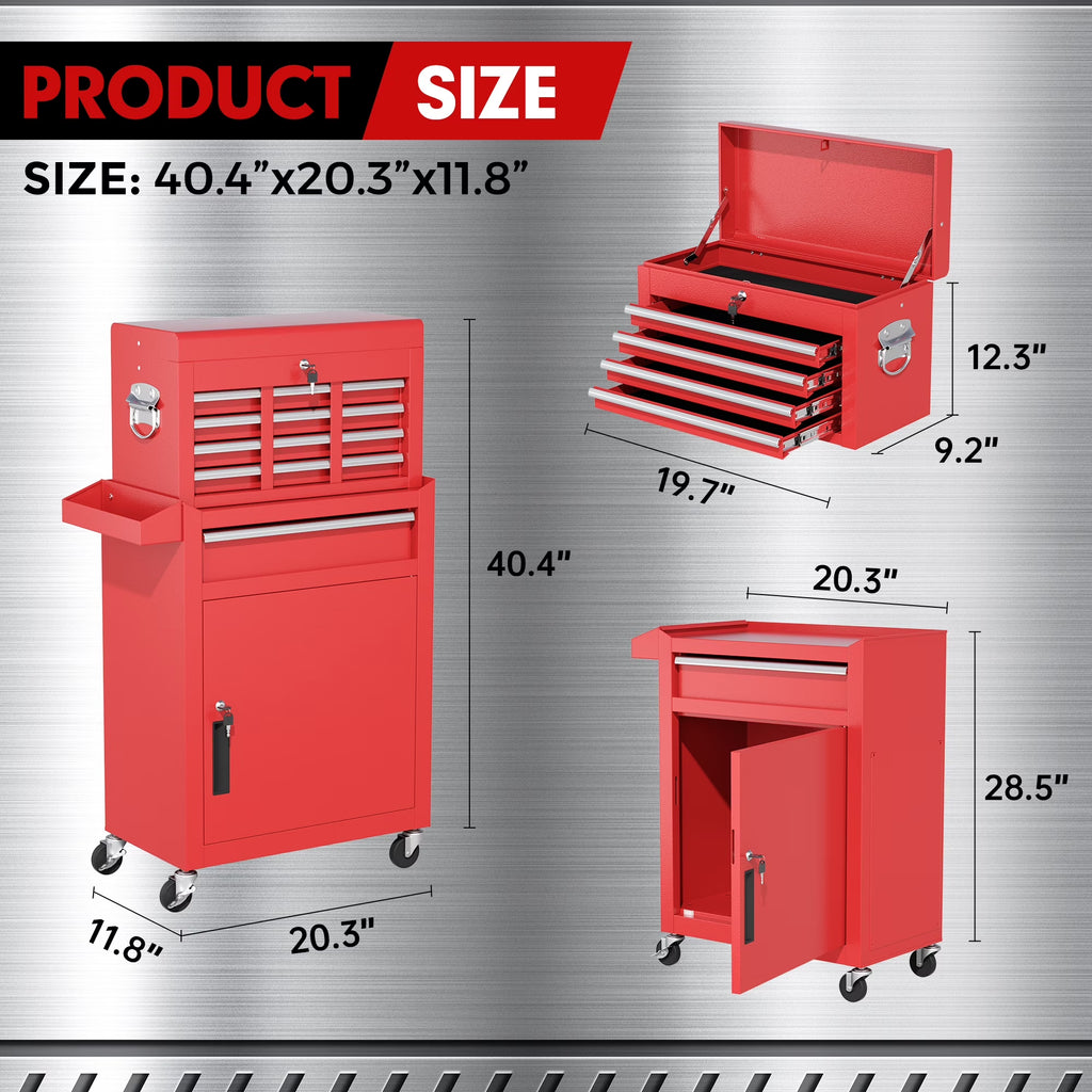 5-Drawer Rolling Tool Chest, Storage Cabinet with Detachable Top Tool Box, Tool Chest with Universal Lockable Wheels, Metal Tool Cart For, Workshop, Barbershop（Red）