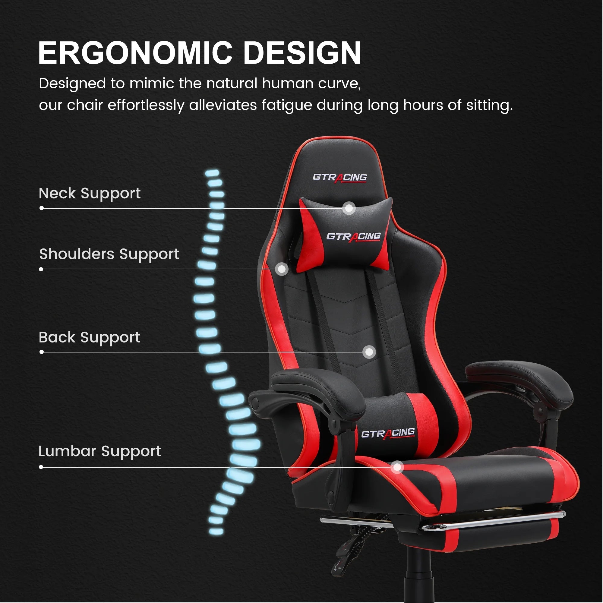 Ergonomic GTWD-200 Gaming and Office Chair with Adjustable Pillows and Footrest, Red
