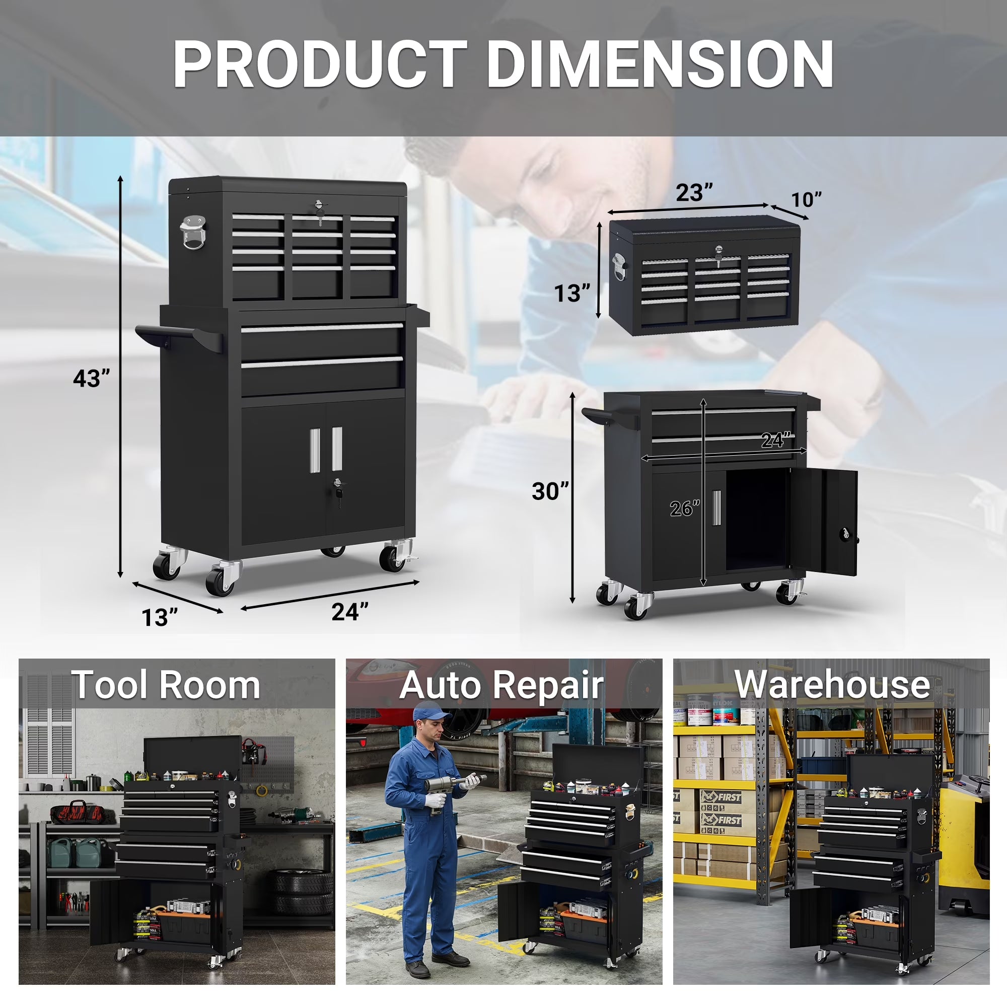 2-IN-1 Tool Chest & Cabinet, Large Capacity 8-Drawer Rolling Tool Box Organizer with Wheels Lockable, Black