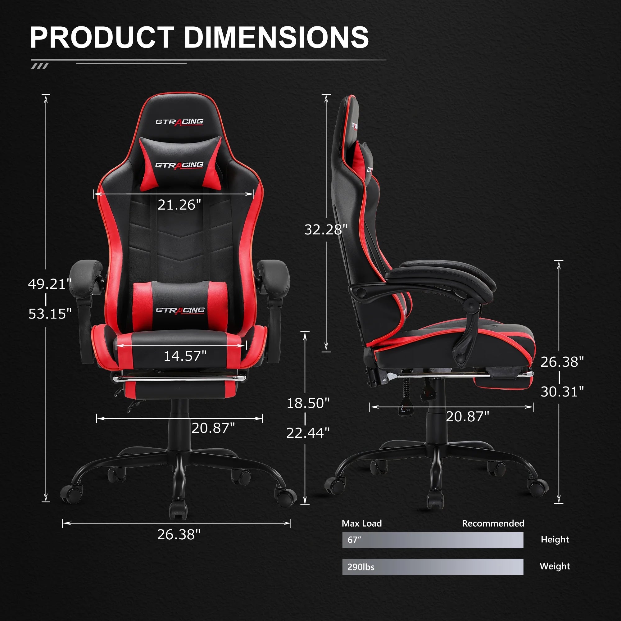Ergonomic GTWD-200 Gaming and Office Chair with Adjustable Pillows and Footrest, Red