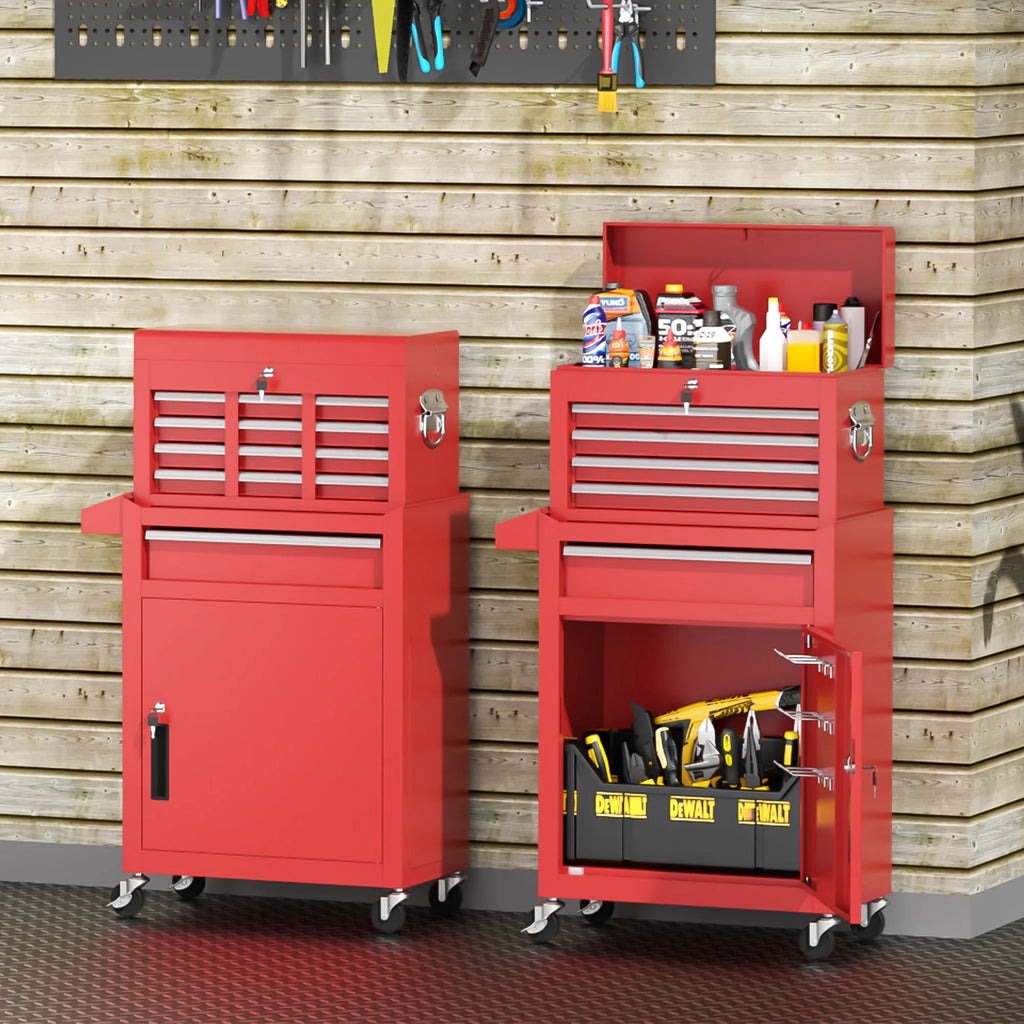 5-Drawer Rolling Tool Chest, Storage Cabinet with Detachable Top Tool Box, Tool Chest with Universal Lockable Wheels, Metal Tool Cart For, Workshop, Barbershop（Red）