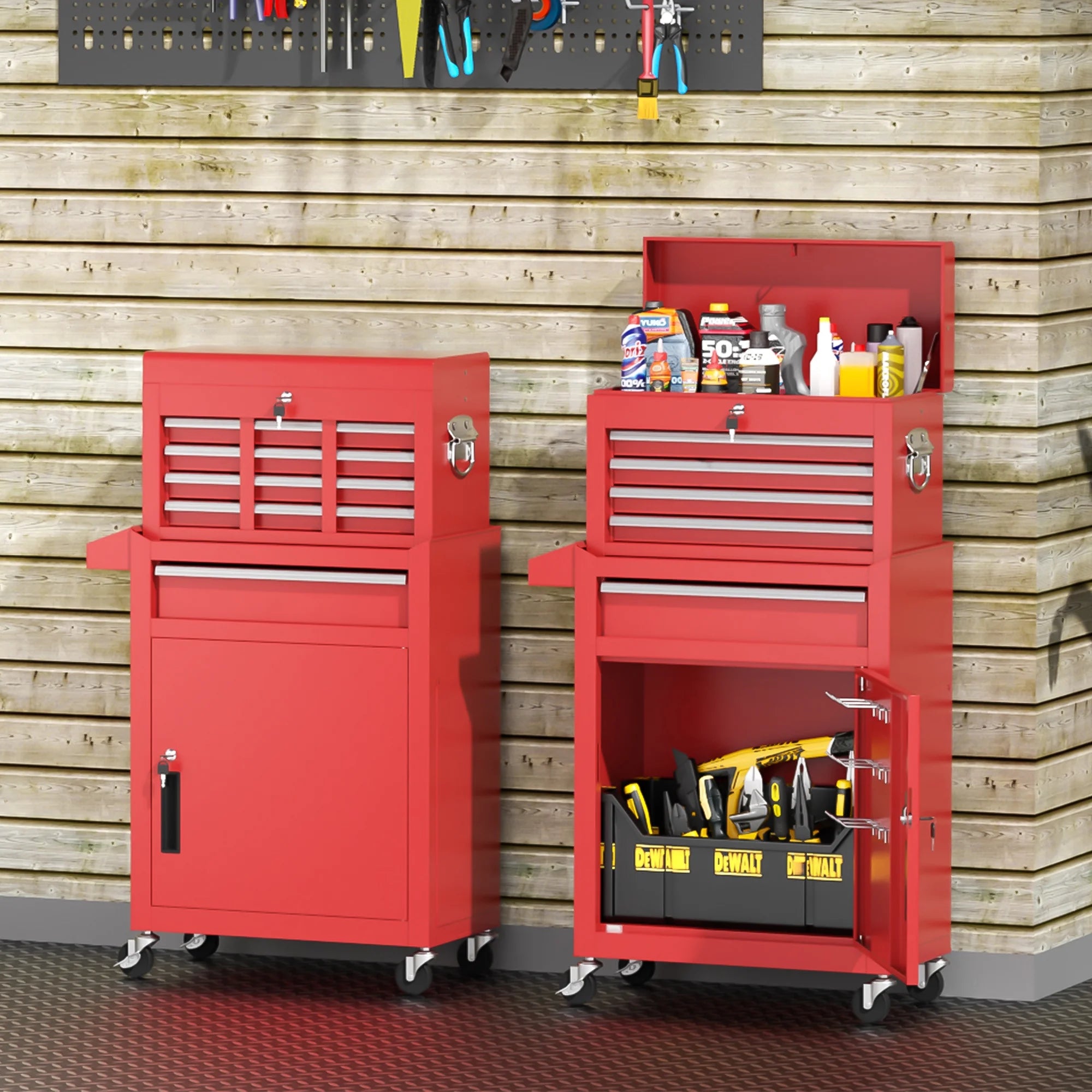 5-Drawer Rolling Tool Chest, Storage Cabinet with Detachable Top Tool Box, Tool Chest with Universal Lockable Wheels, Metal Tool Cart For, Workshop, Barbershop（Red）