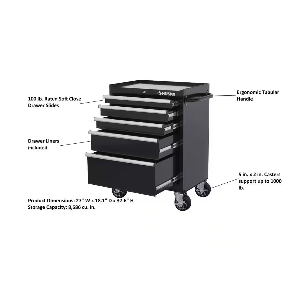 Tool Storage 27 In. W X 18 In. D 5-Drawer Gloss Black Rolling Tool Cabinet