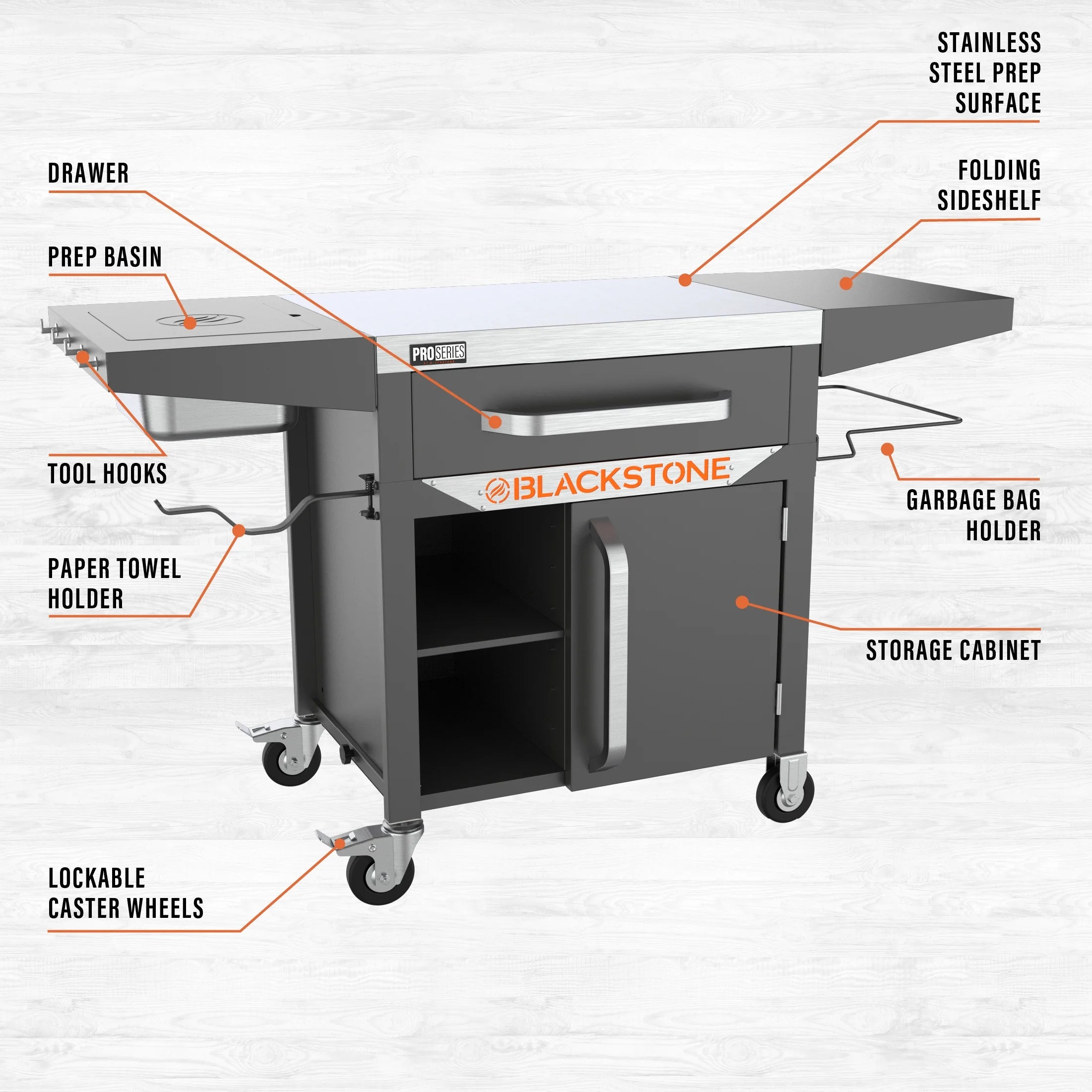 Proseries 28" Serve and Store Prep Grill Cart with Cabinet in Black