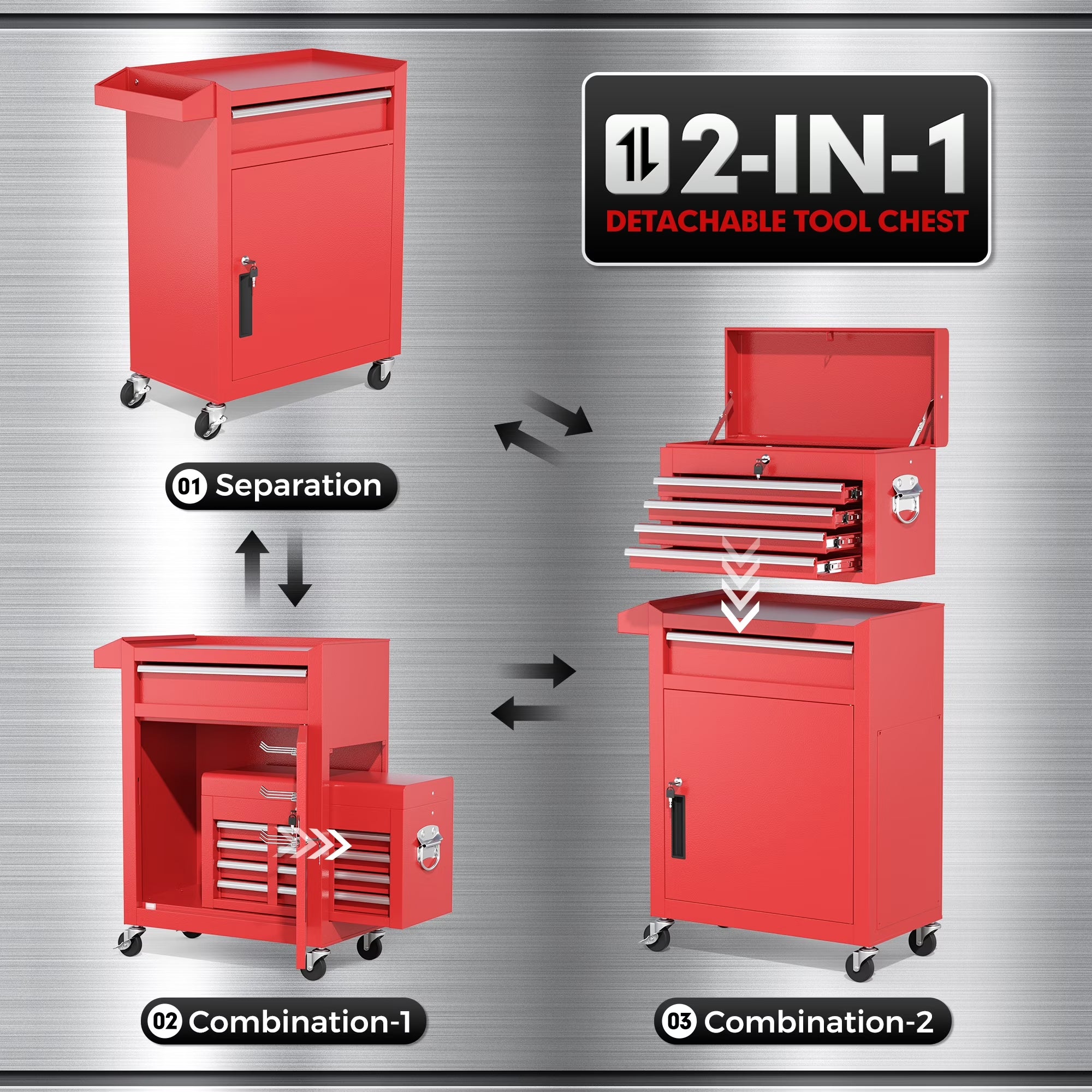 5-Drawer Rolling Tool Chest, Storage Cabinet with Detachable Top Tool Box, Tool Chest with Universal Lockable Wheels, Metal Tool Cart For, Workshop, Barbershop（Red）