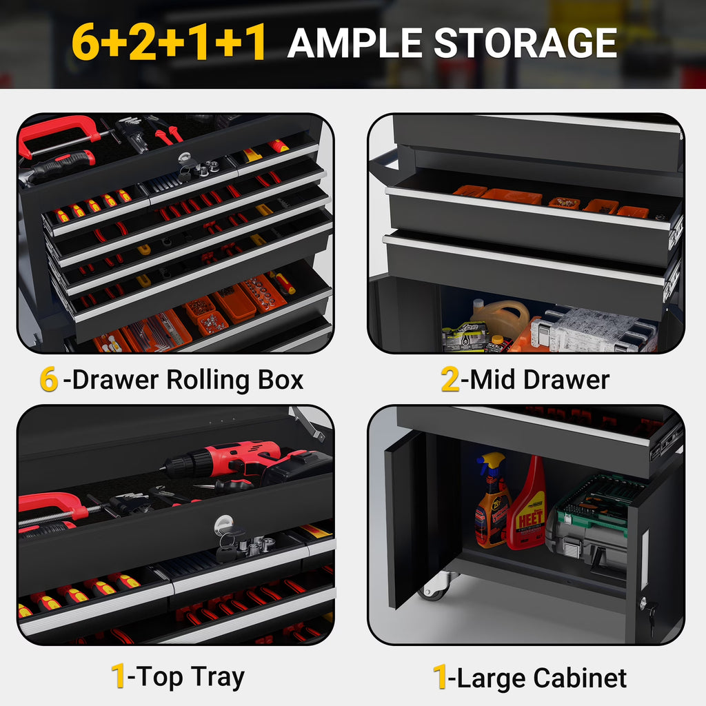 2-IN-1 Tool Chest & Cabinet, Large Capacity 8-Drawer Rolling Tool Box Organizer with Wheels Lockable, Black