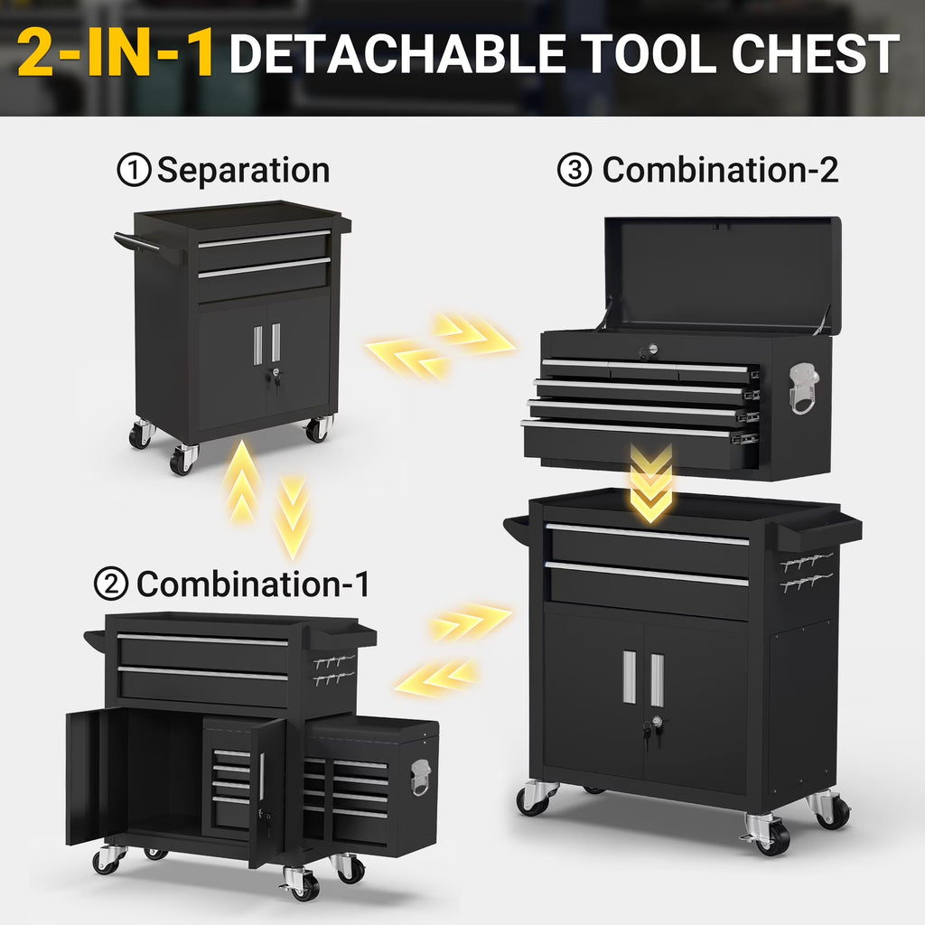 2-IN-1 Tool Chest & Cabinet, Large Capacity 8-Drawer Rolling Tool Box Organizer with Wheels Lockable, Black