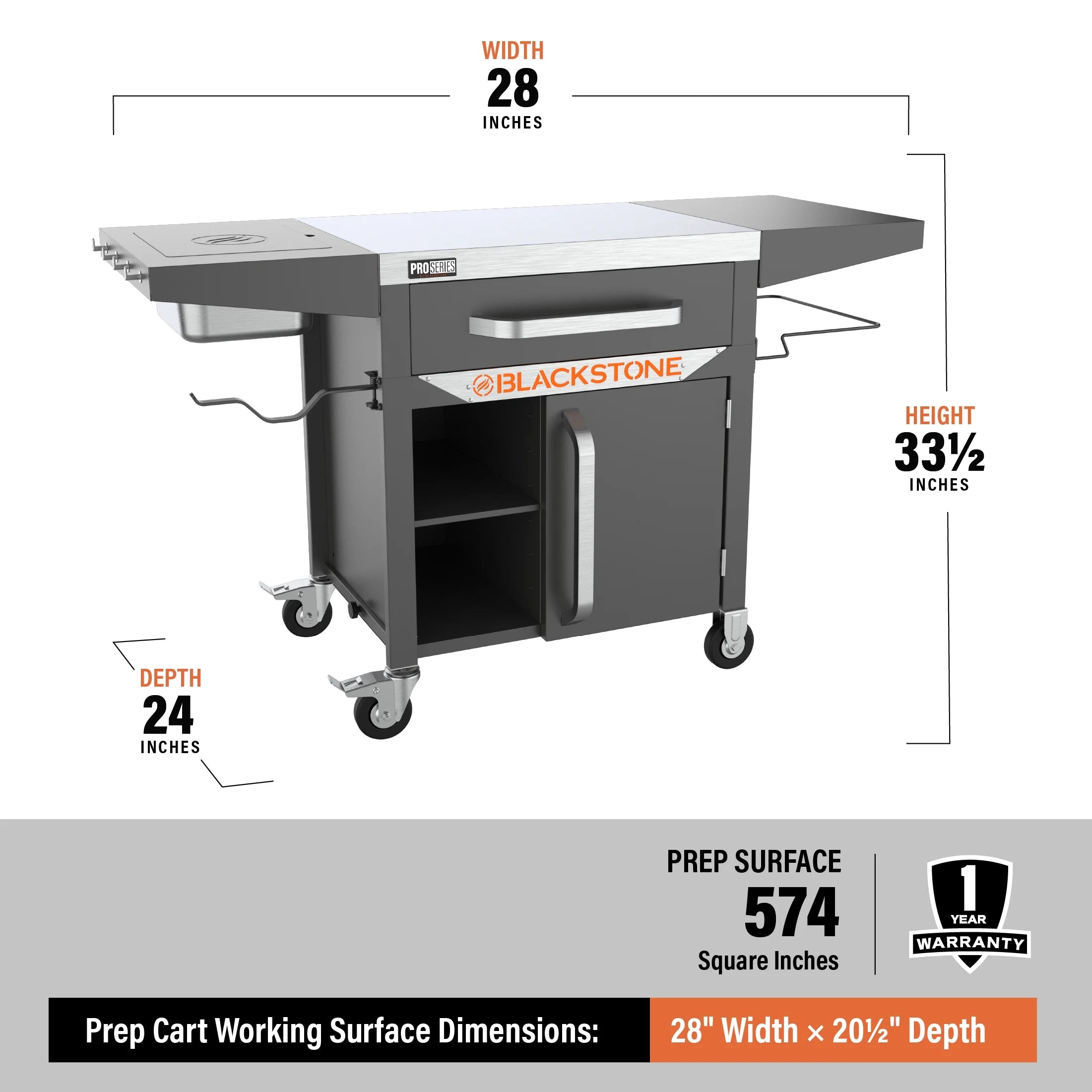 Proseries 28" Serve and Store Prep Grill Cart with Cabinet in Black