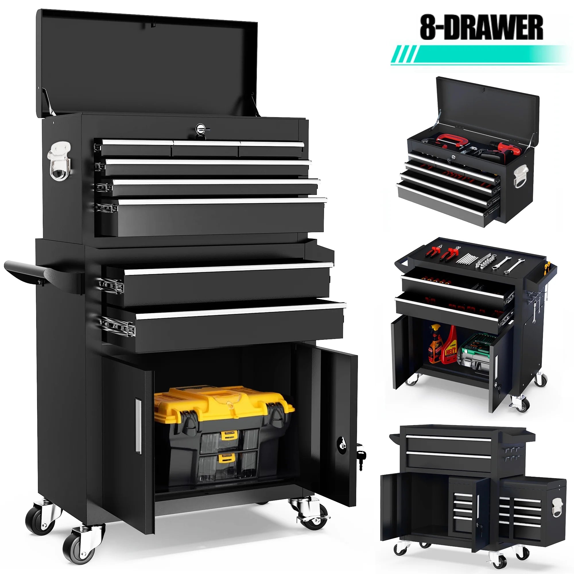 2-IN-1 Tool Chest & Cabinet, Large Capacity 8-Drawer Rolling Tool Box Organizer with Wheels Lockable, Black