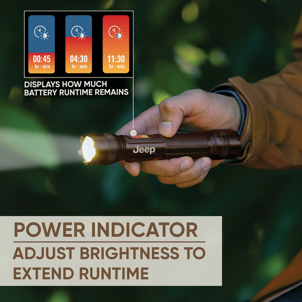 Jeep Rechargeable LED Flashlight with Power Indicator, High Powered 1,000 Lumens, EDC Torch Light, Durable for Camping, Tactical, Emergency Use, Running and Hunting