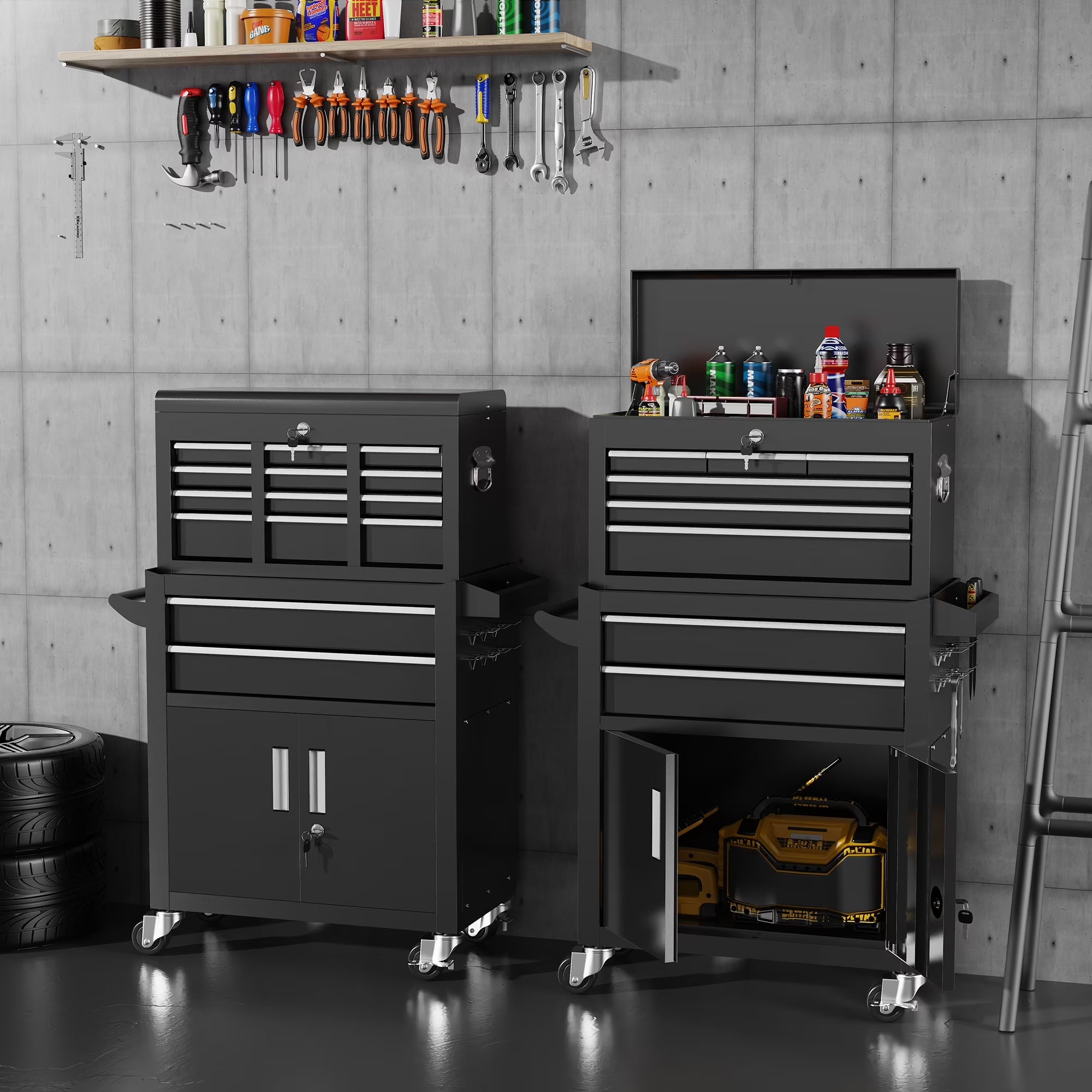 2-IN-1 Tool Chest & Cabinet, Large Capacity 8-Drawer Rolling Tool Box Organizer with Wheels Lockable, Black