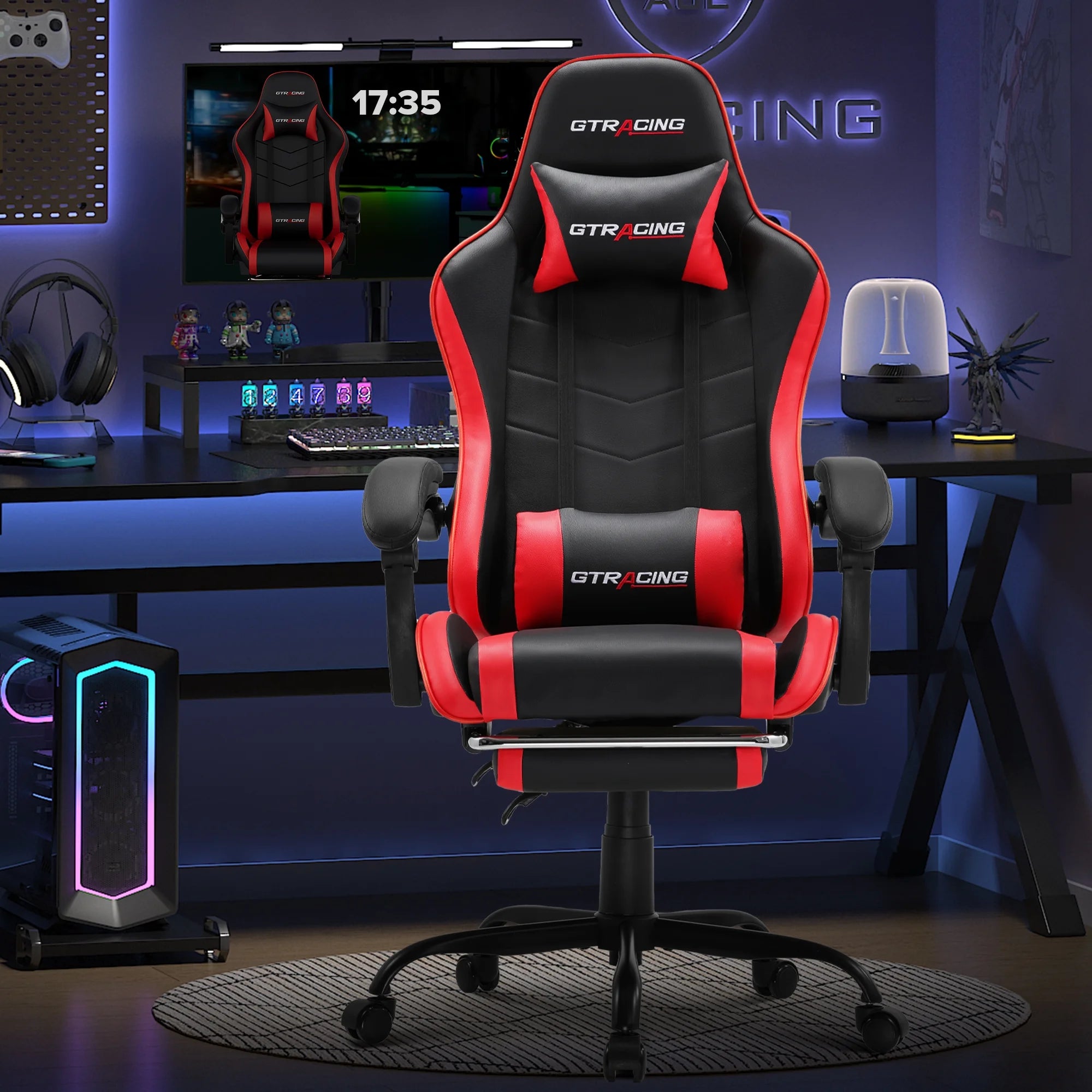 Ergonomic GTWD-200 Gaming and Office Chair with Adjustable Pillows and Footrest, Red