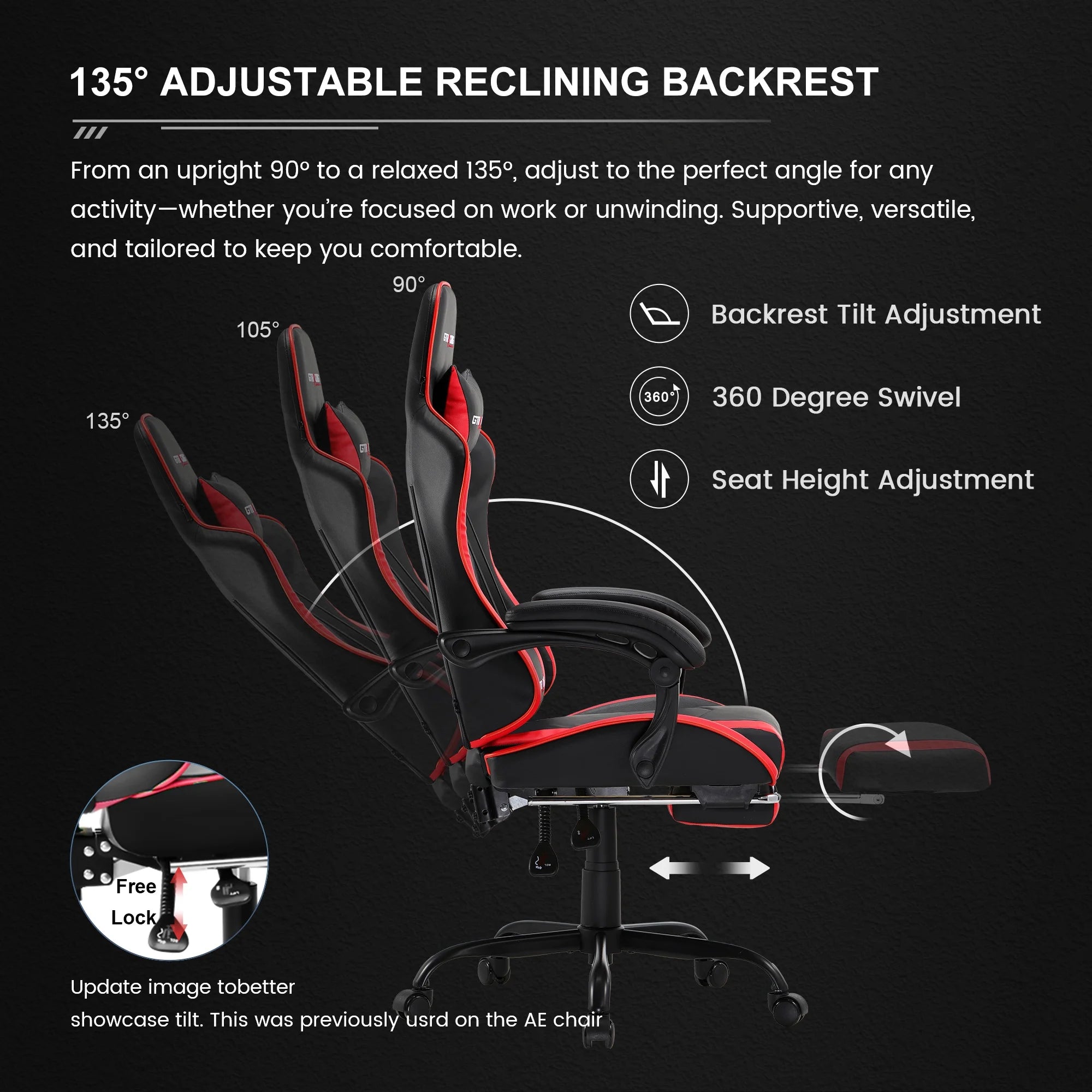 Ergonomic GTWD-200 Gaming and Office Chair with Adjustable Pillows and Footrest, Red